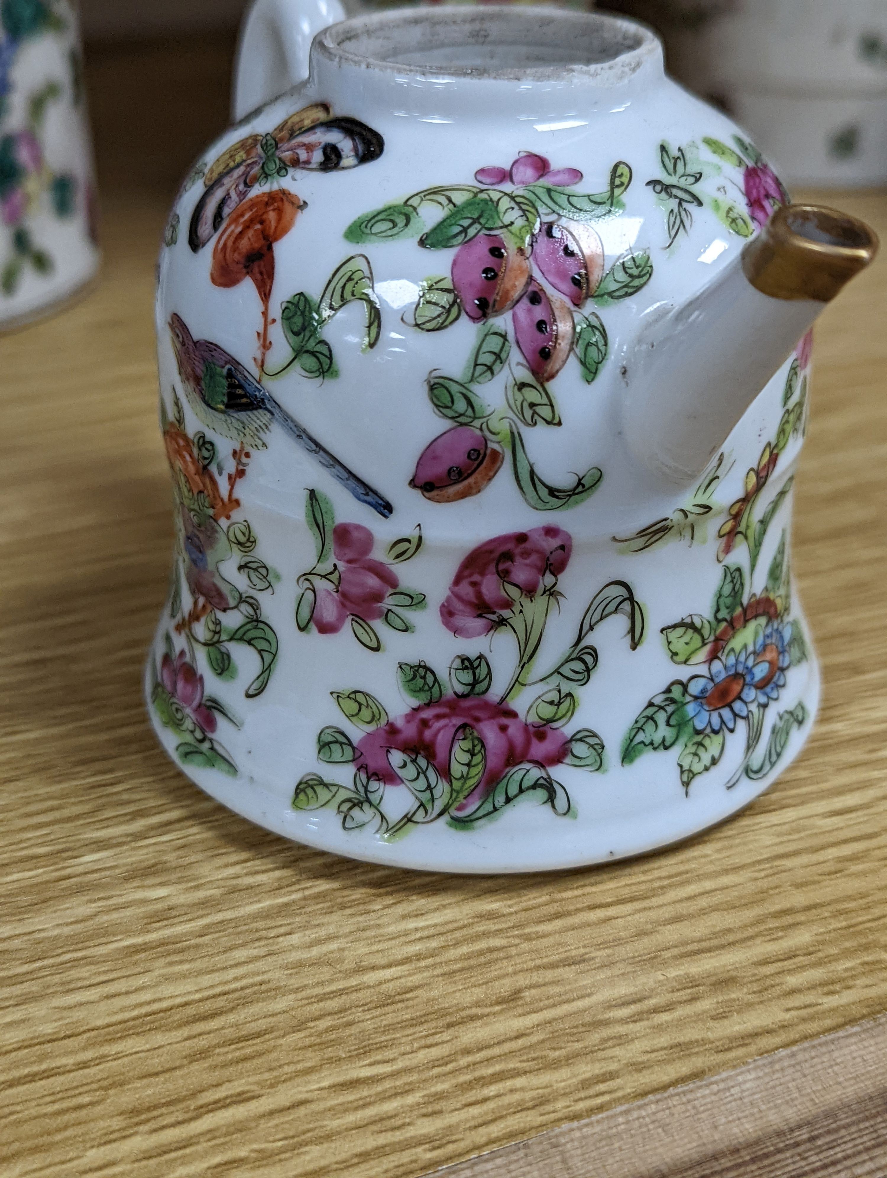 A group of Chinese famille rose vases and jars, a box and cover and a teapot, 19th/20th century, Pair of vases 13 cms high.